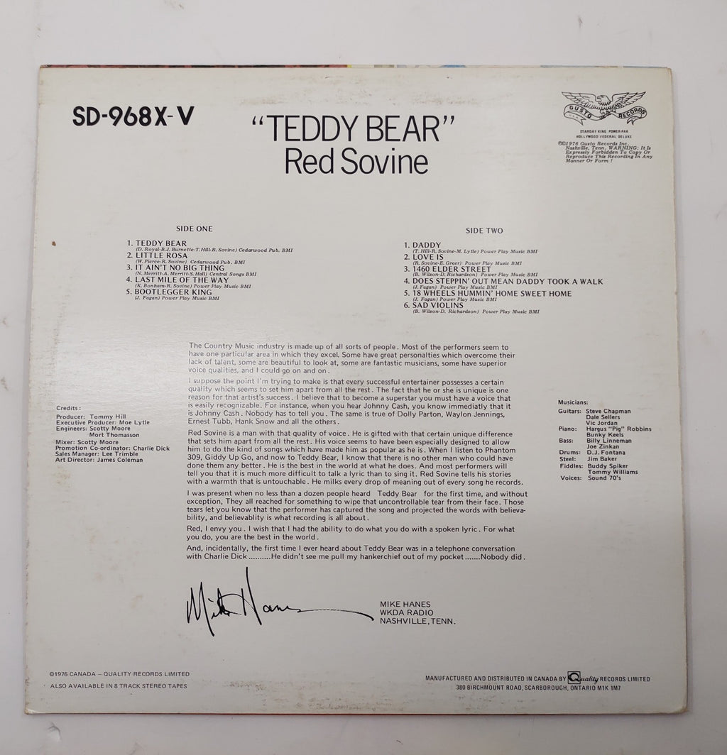 Red Sovine – Teddy Bear (1976) Vinyl LP Starday SD-968X Classic Country