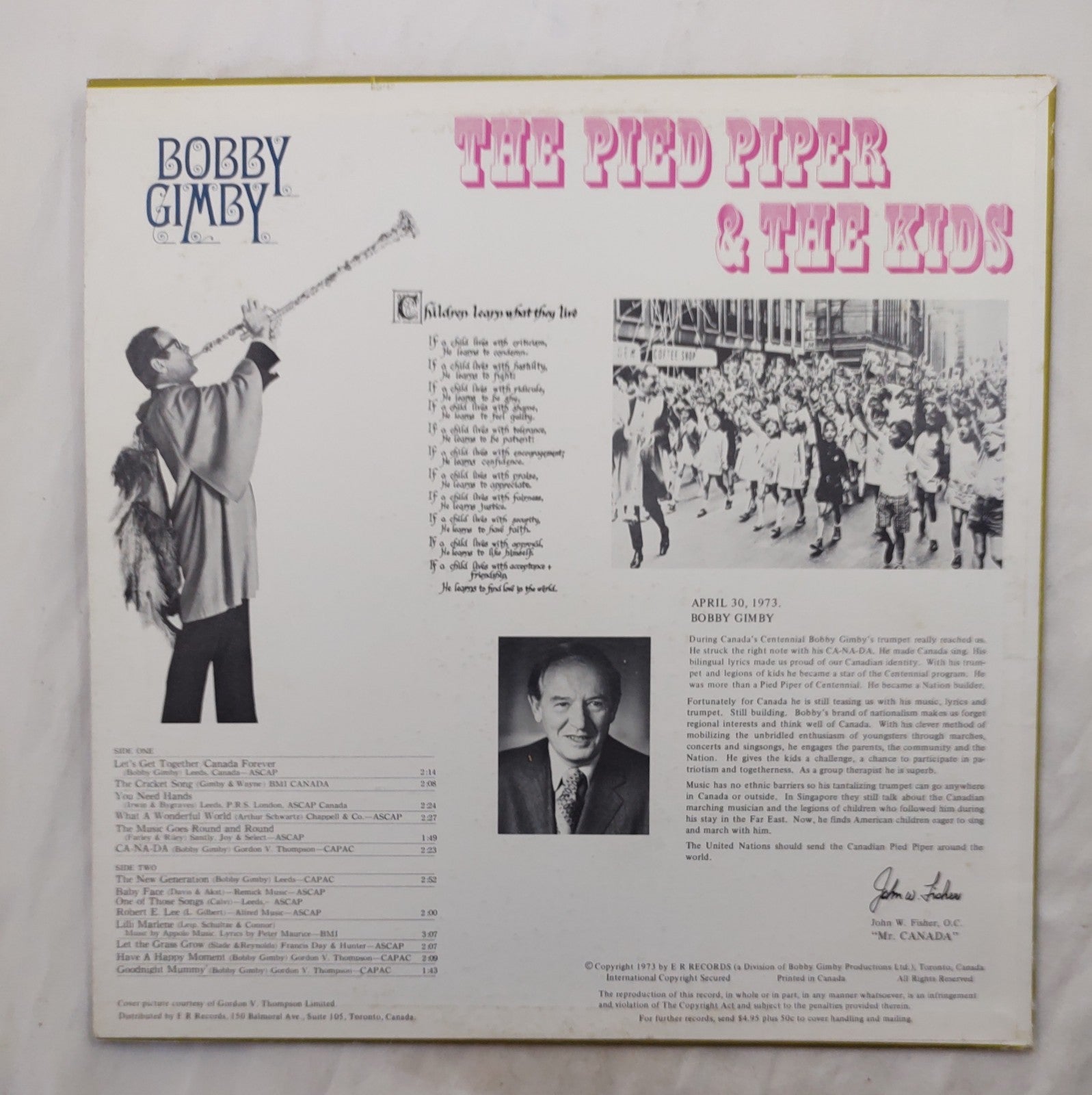 Bobby Gimby – Canada LP Stereo Pied Piper & The Kids Centennial Edition 1973