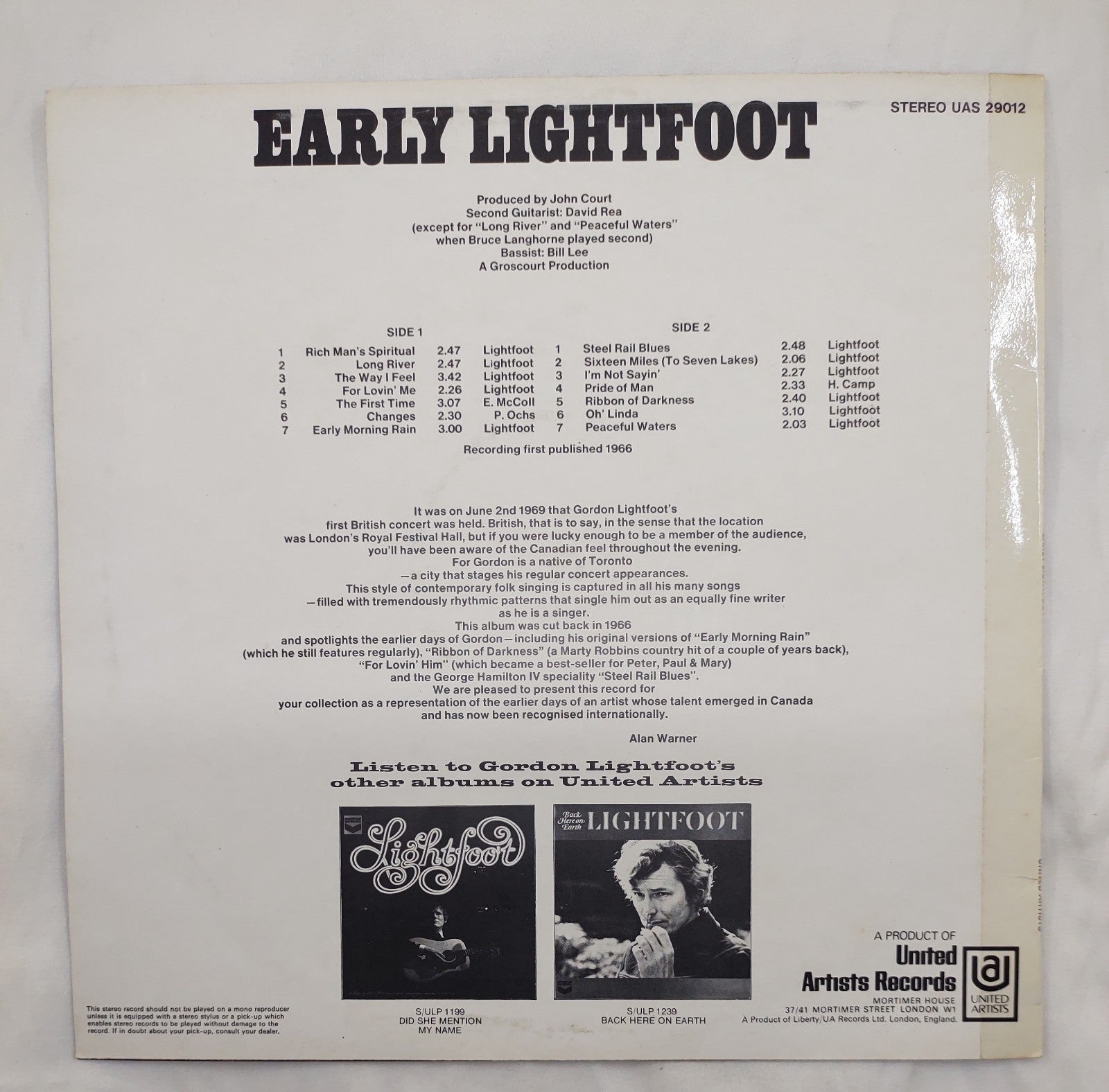 Gordon Lightfoot – Early Lightfoot LP 1969 United Artists VG