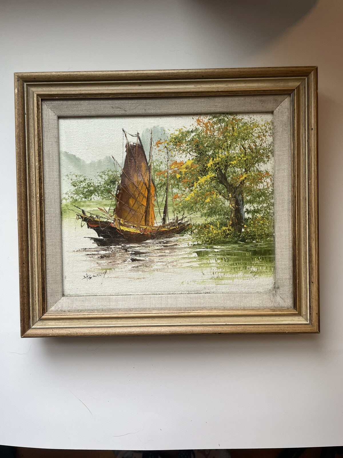 Vintage Oil on Board – Chinese Fishing Boat Scene, Framed, Signed, Classic