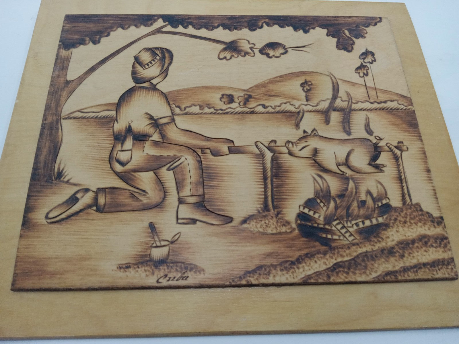 Folk Art Handmade Pig Roast Scene Wood Burned Plaque Kitchen Cabin Decor