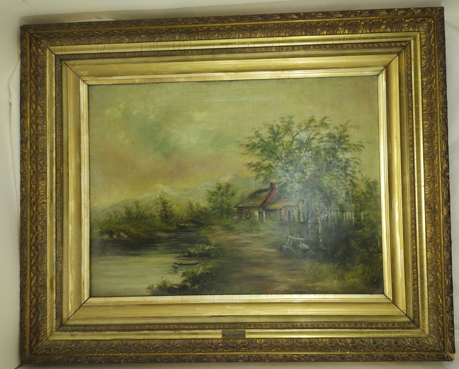 Antique A.S. Austen Original Oil Painting Cottage Lake Landscape Framed