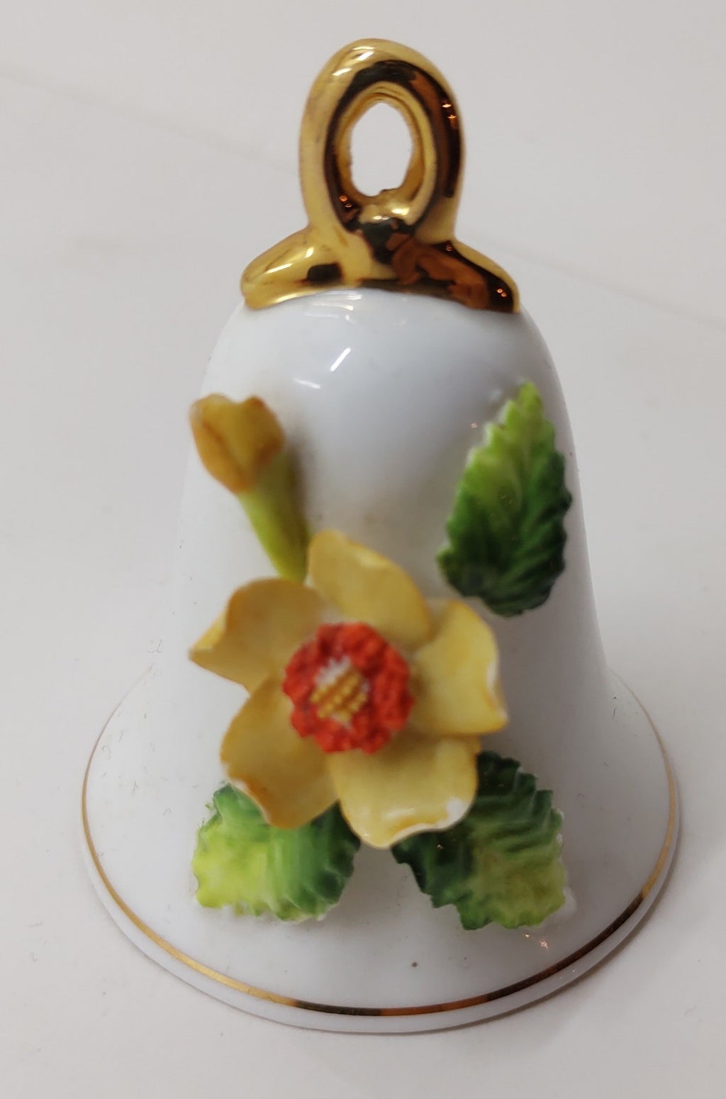 Vintage Bone China Bell with 3D Applied Yellow Flower and Gold Trim.