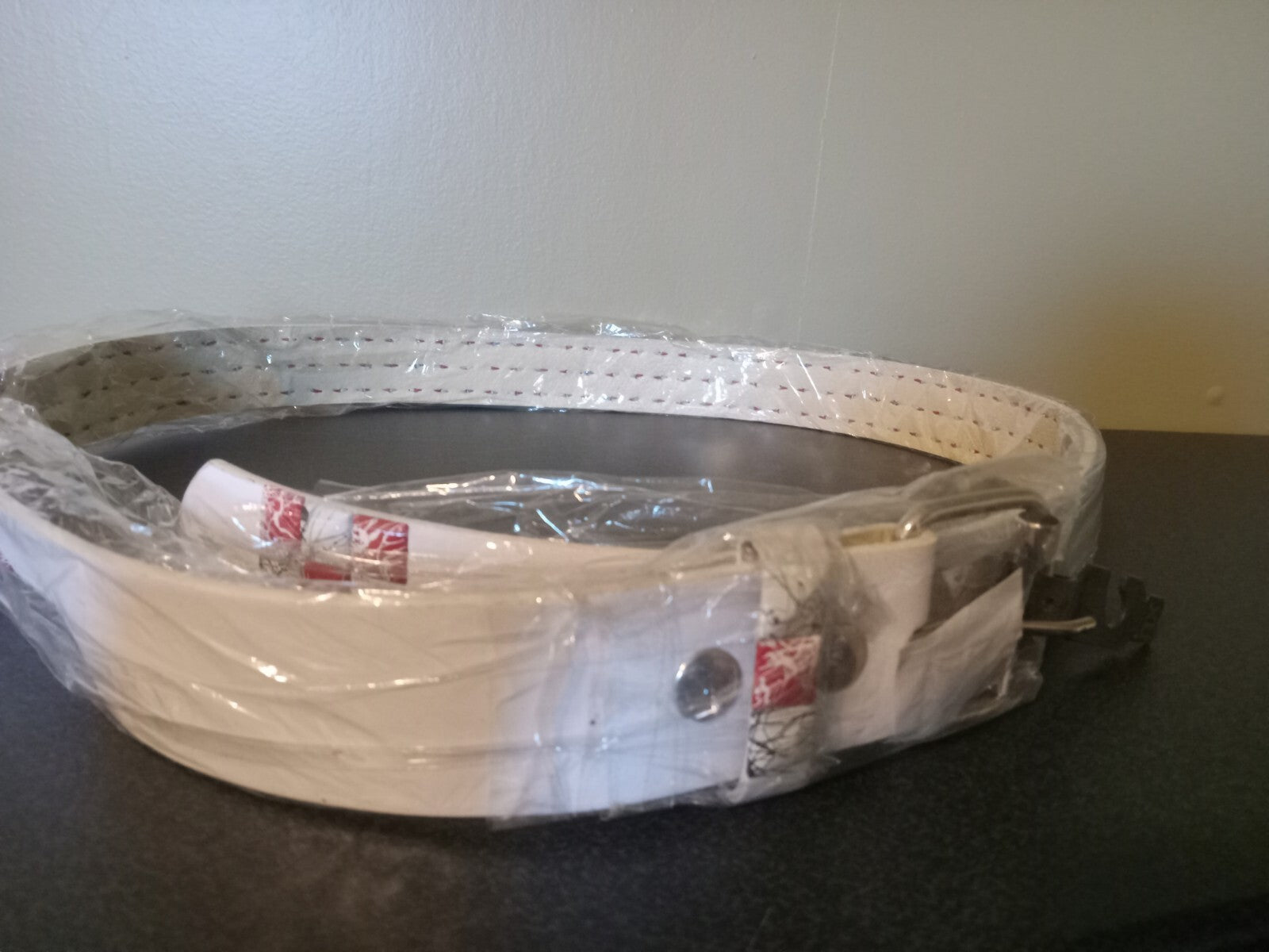 White Faux Leather Studded Belt Red Accents Alt Style Fashion Belt Adjustable