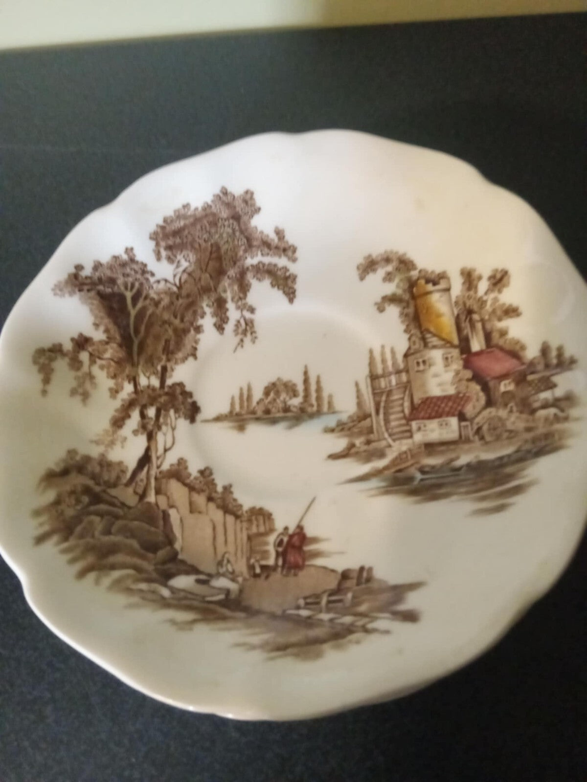 1950s Johnson Bros "The Old Mill" Teacup Saucers – Set of 7