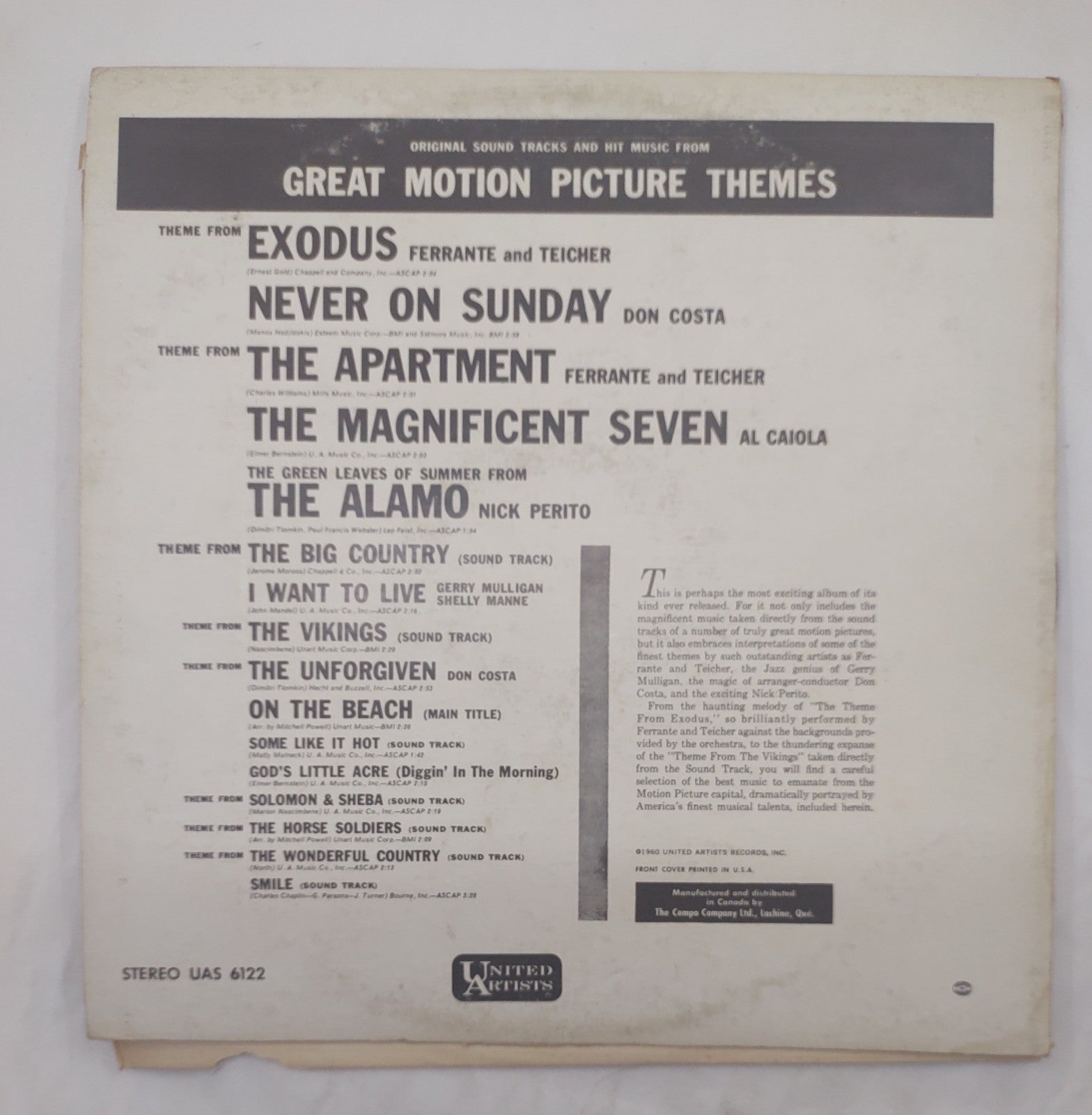 Great Motion Picture Themes – Various Artists United Artists UA Stereo LP UAS-61