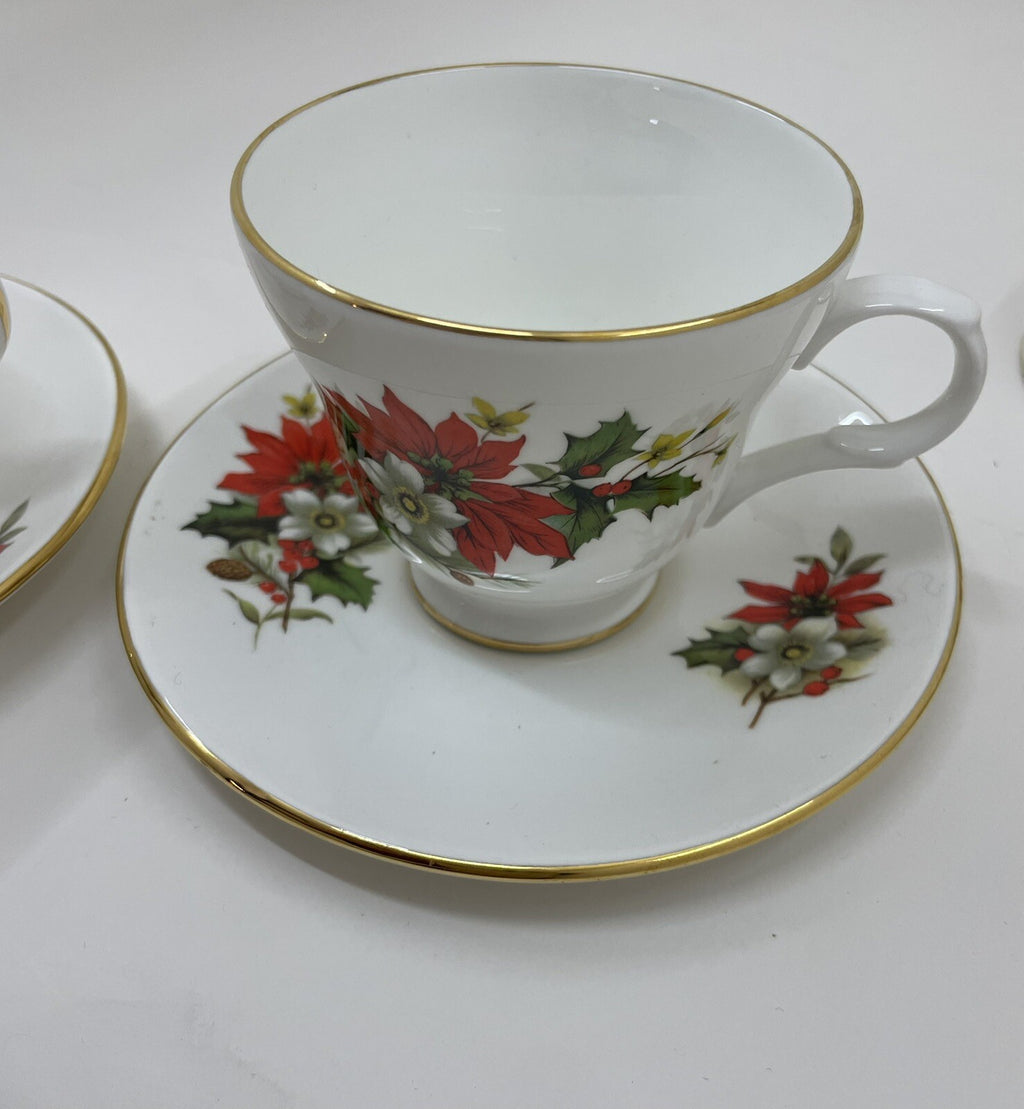 Sadler Wellington Bone China Poinsettia Tea Cups & Saucers Set of 2 Holiday