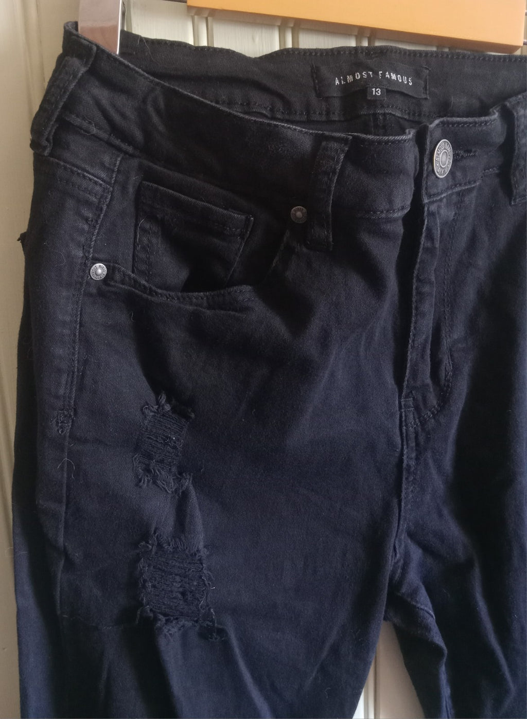 Almost Famous Distressed Skinny Jeans Black Pretorn Denim Pants Size 13 Women