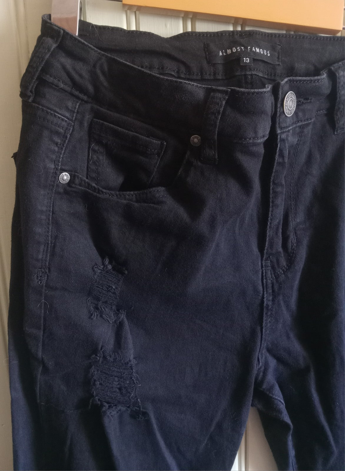 Almost Famous Distressed Skinny Jeans Black Pretorn Denim Pants Size 13 Women