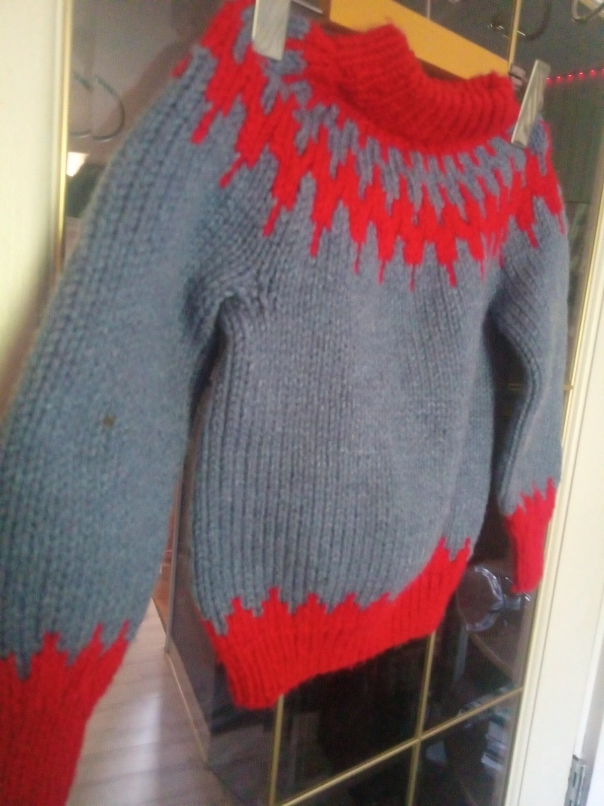 Vintage Hand-Knit Fair Isle Sweater Red Blue Kids Wool Long Sleeve Cozy