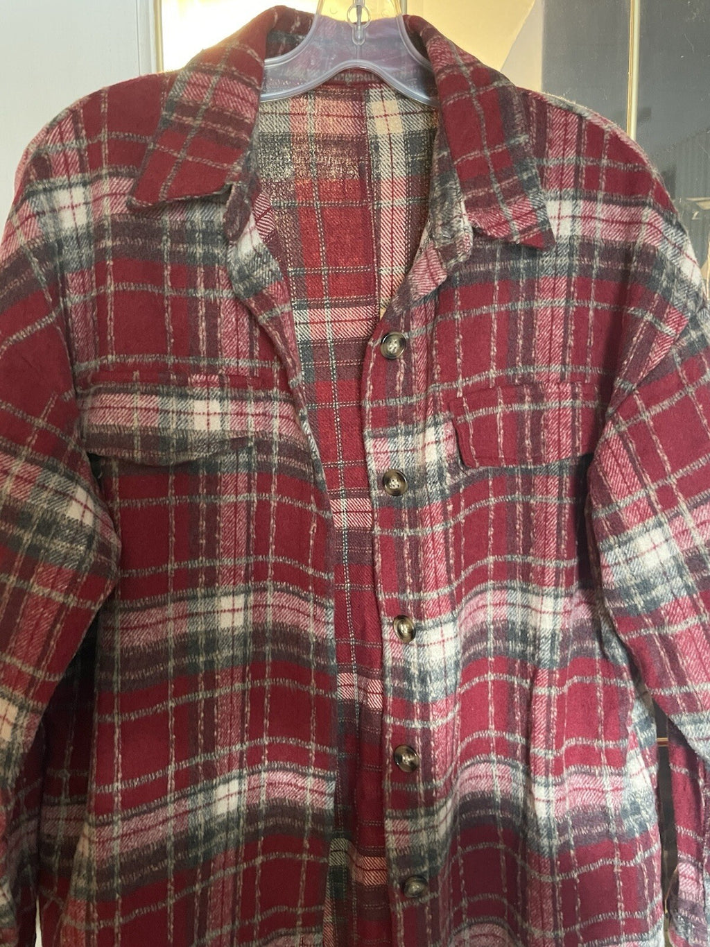 Plaid Shacket Women's Long Red Fleece Button-Up Size Small Fall Jacket