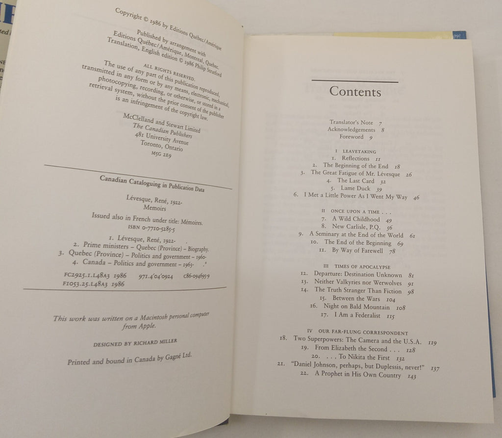 Memoirs of René Lévesque – VG+ Quebec Political Memoir Hardcover Book