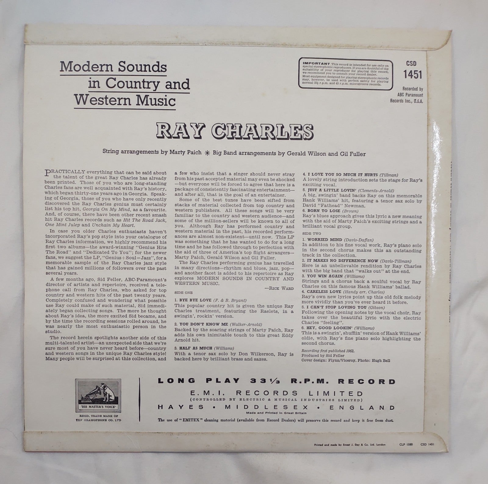 Ray Charles Modern Sounds HMV Canada ABCS-410 Black Label Stereo LP VG+