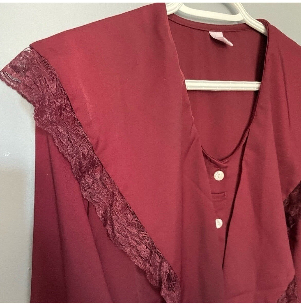Vintage Burgundy Lace Draped Neckline Button-Up Blouse Size Large – VG