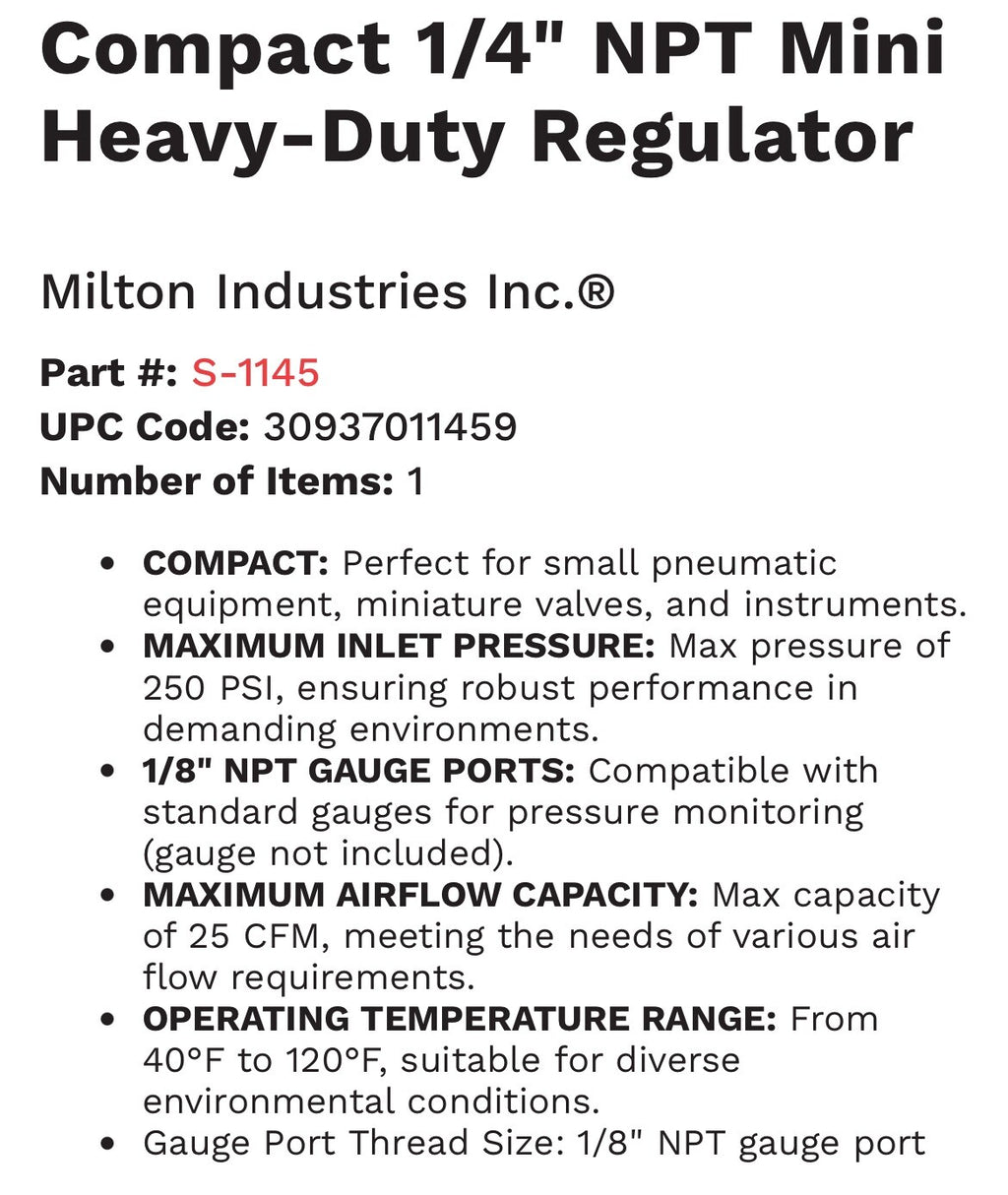 Milton Compact 1/4" NPT Mini Regulator – Heavy‑Duty Air Pressure Control