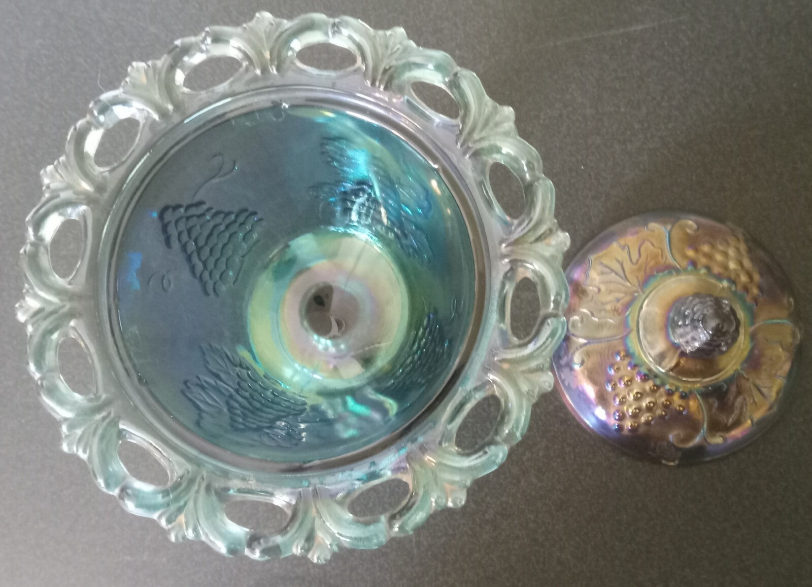 Iridescent Blue Carnival Glass Candy Dish w/ Lid – Indiana Grape Pattern