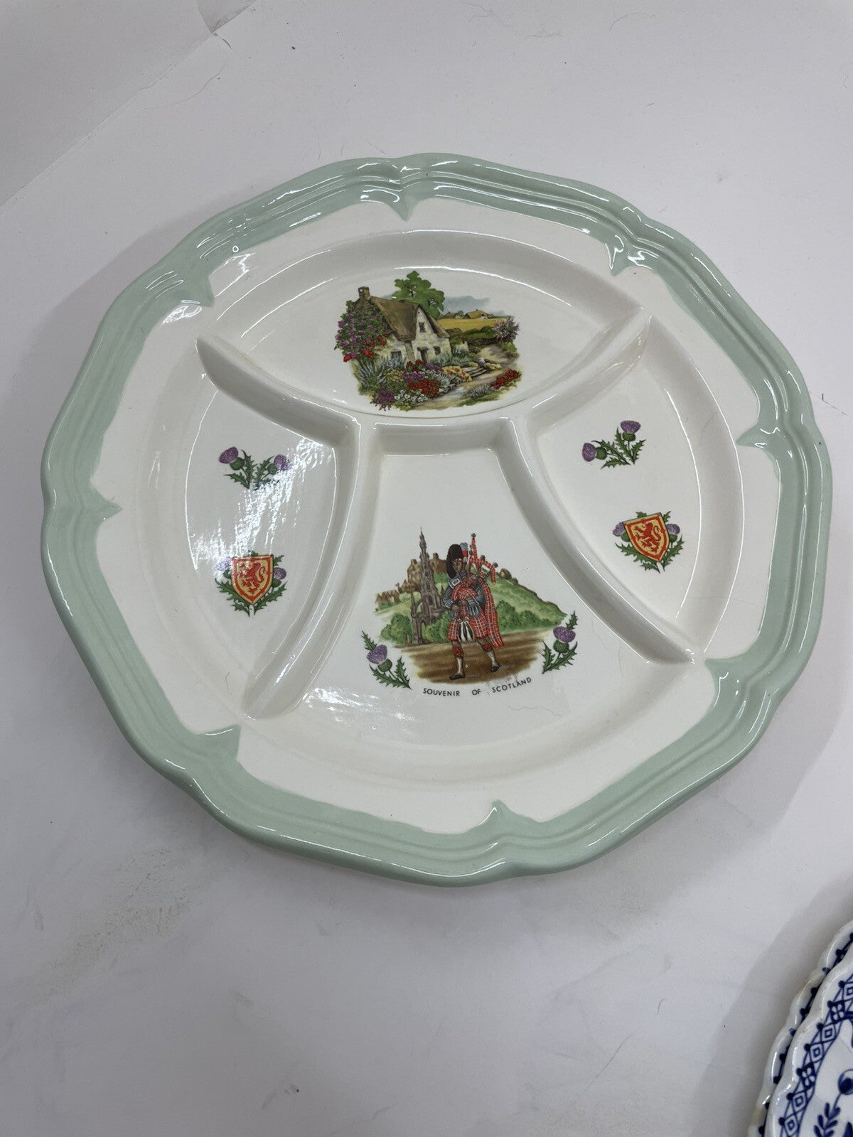 Vintage Ceramic Divided Plate Souvenir of Scotland Bagpiper Floral Art