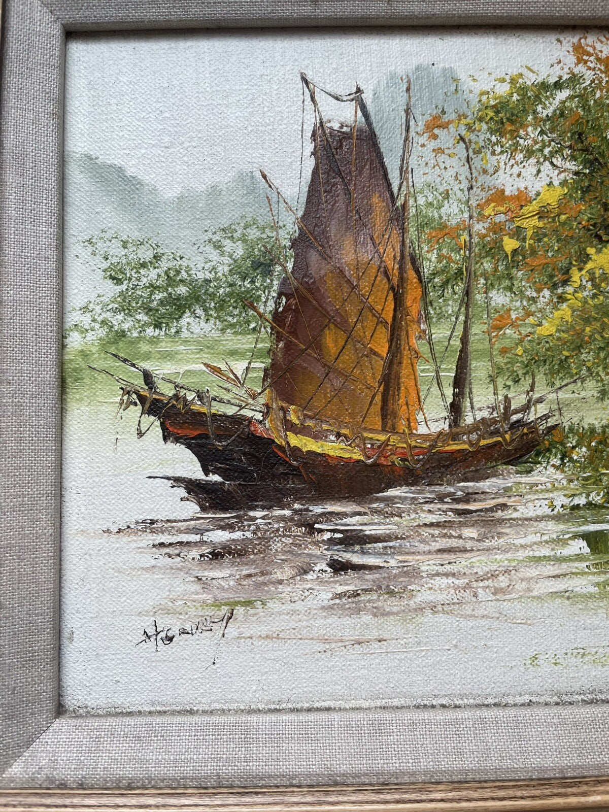 Vintage Oil on Board – Chinese Fishing Boat Scene, Framed, Signed, Classic