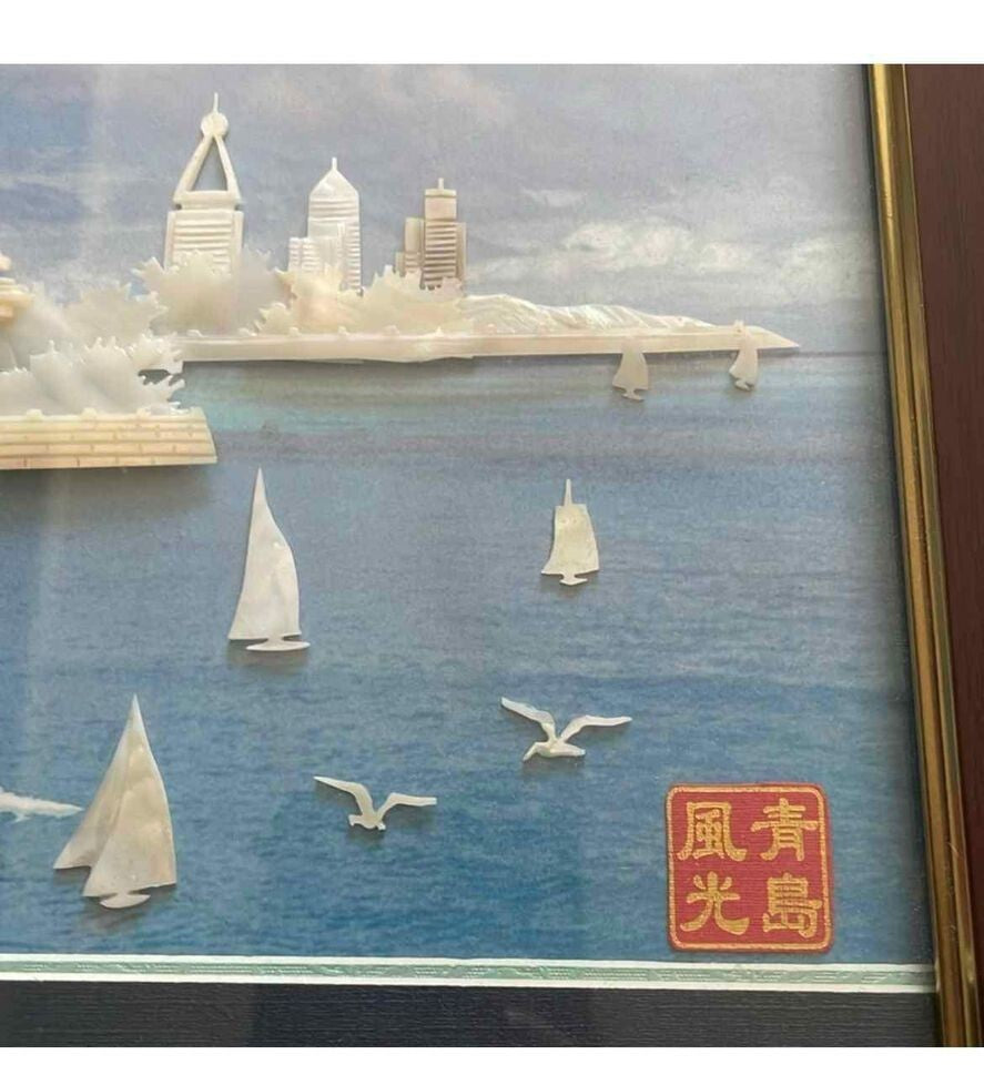 Vintage Carved Mother‑of‑Pearl Landscape Scene – Handcrafted Wall Art Pearl Art