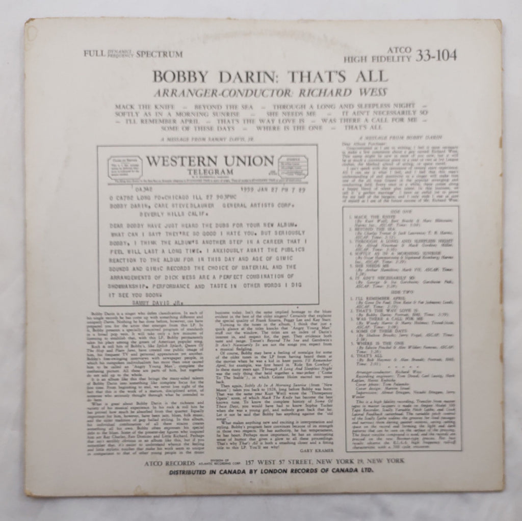 Bobby Darin That's All LP ATCO 33-104 Mono 1956 Vocal Jazz Pop Classic Vinyl LP