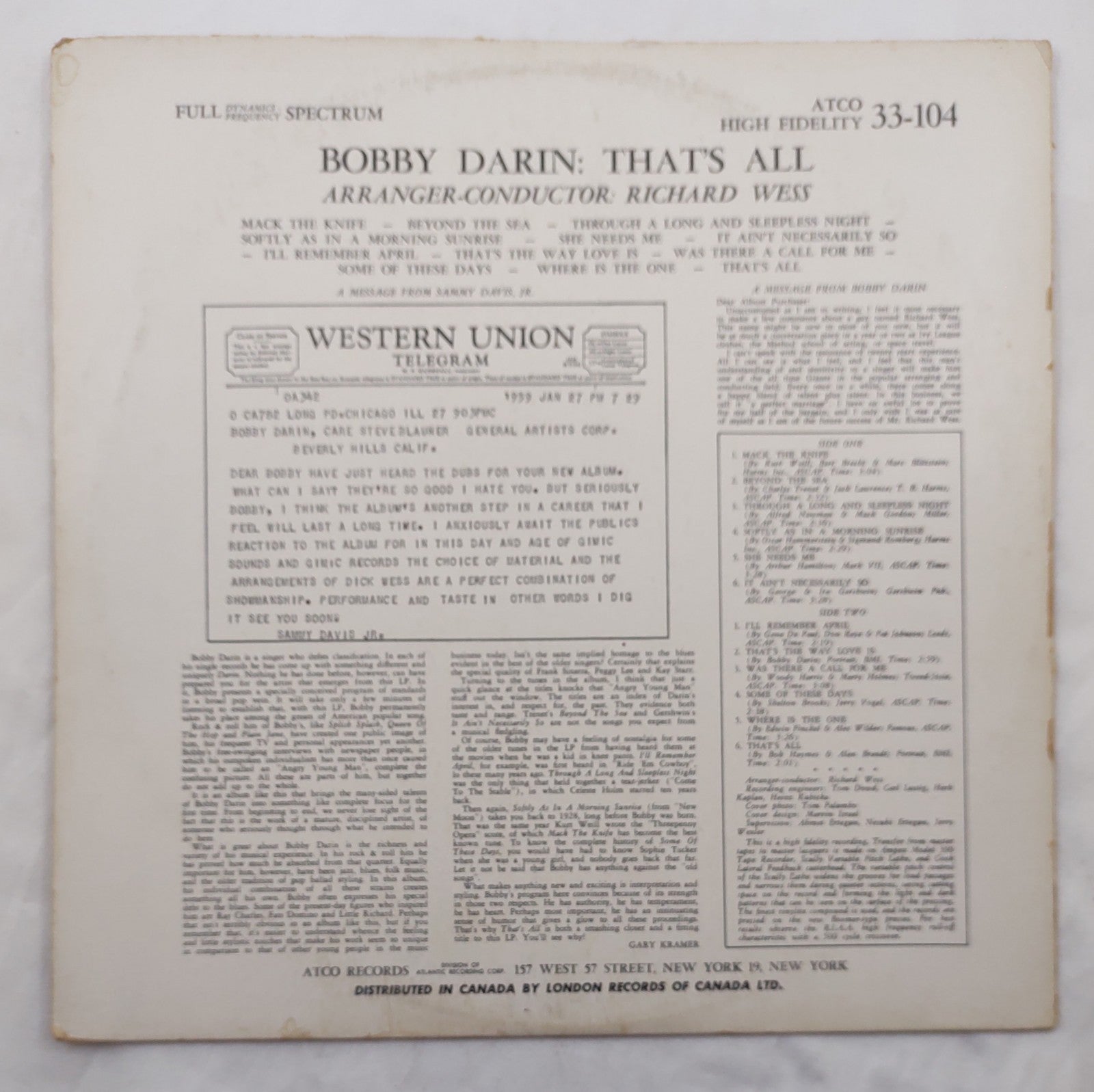 Bobby Darin That's All LP ATCO 33-104 Mono 1956 Vocal Jazz Pop Classic Vinyl LP