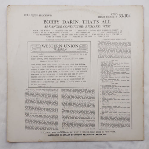Bobby Darin That's All LP ATCO 33-104 Mono 1956 Vocal Jazz Pop Classic Vinyl LP