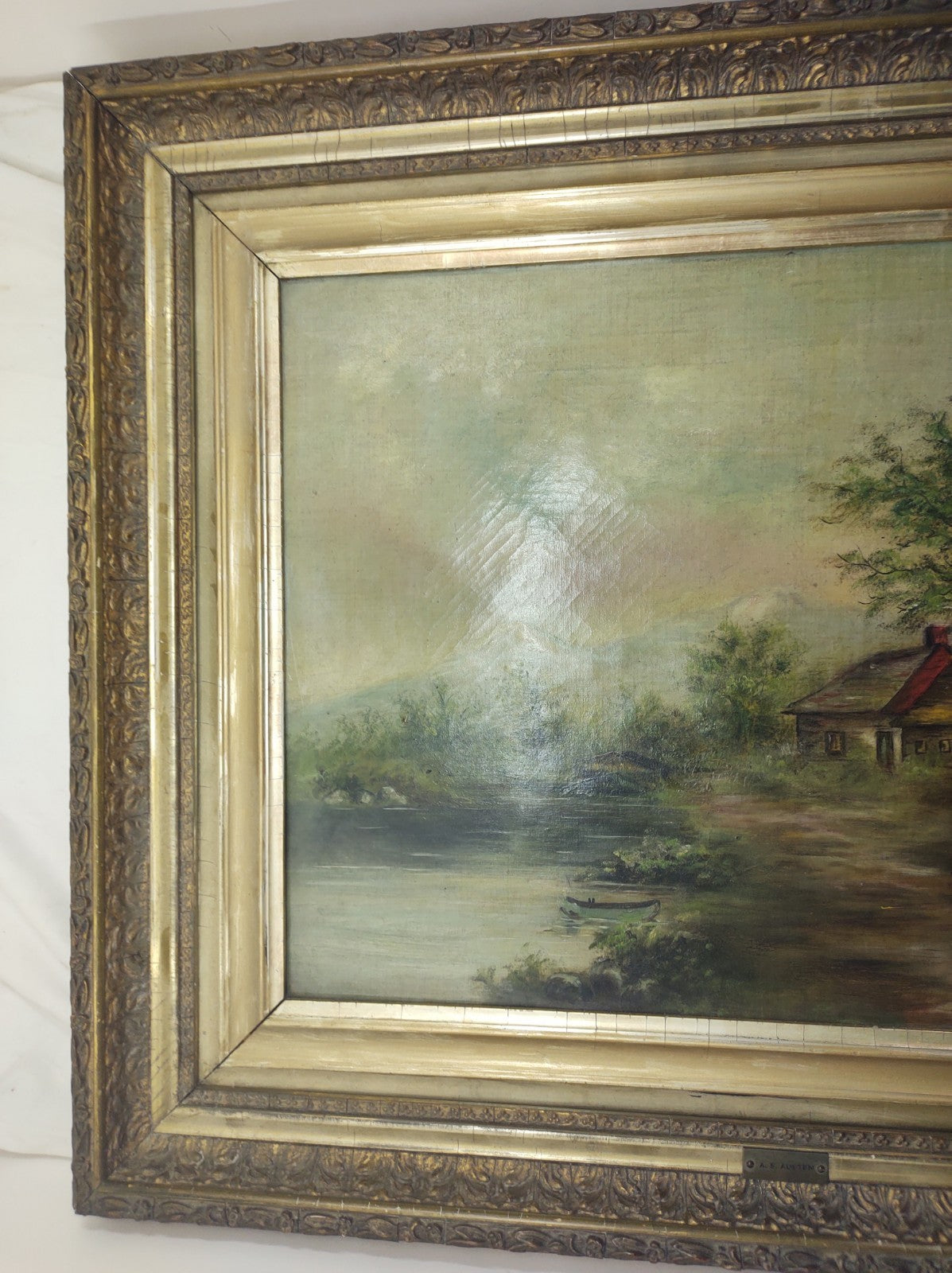Antique A.S. Austen Original Oil Painting Cottage Lake Landscape Framed