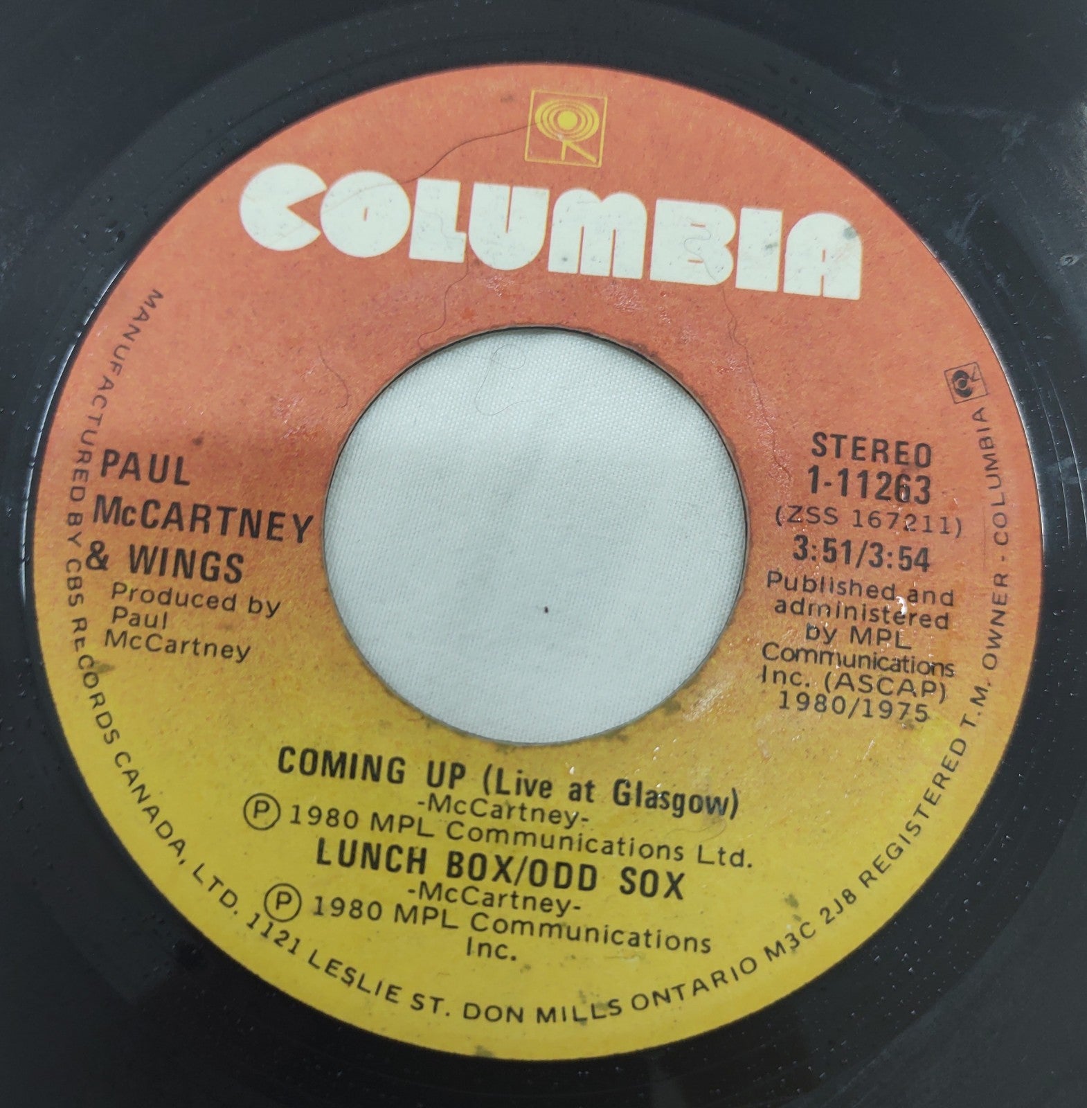 Paul McCartney – Coming Up 7” Vinyl Single Columbia 1-11263 Canada 1980