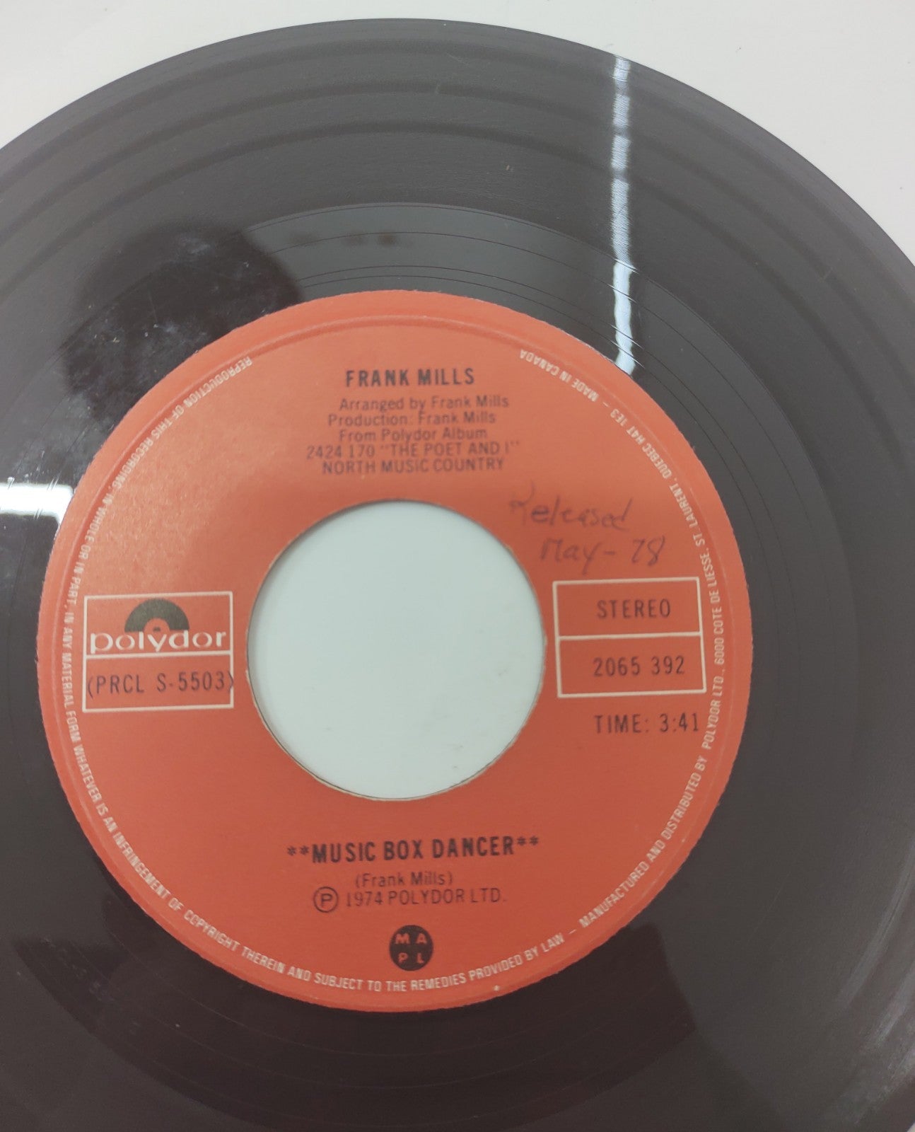 Frank Mills The Poet and I 7" 45 RPM Vinyl Record 1974 Polydor PRCL S-5502