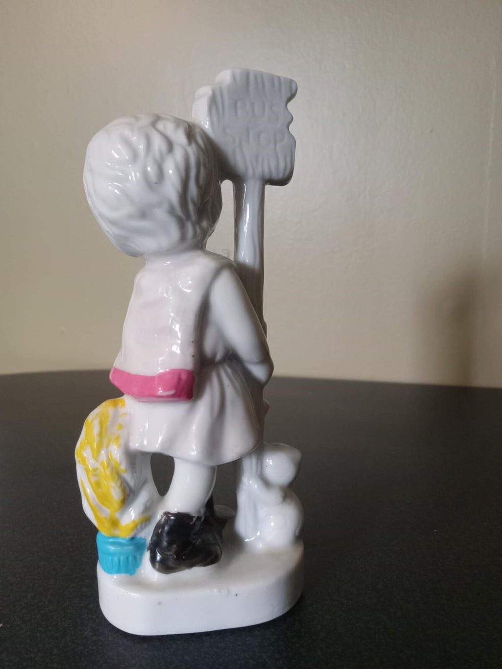 Girl at Bus Stop White Glass Figurine – Vintage Collectible