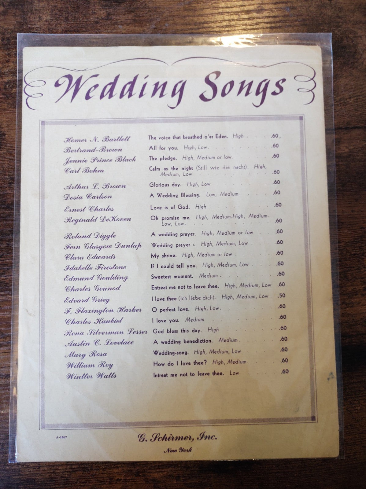 Wedding Prayer Fern Glasgow Dunlap Voice Piano Organ G. Schirmer Sheet