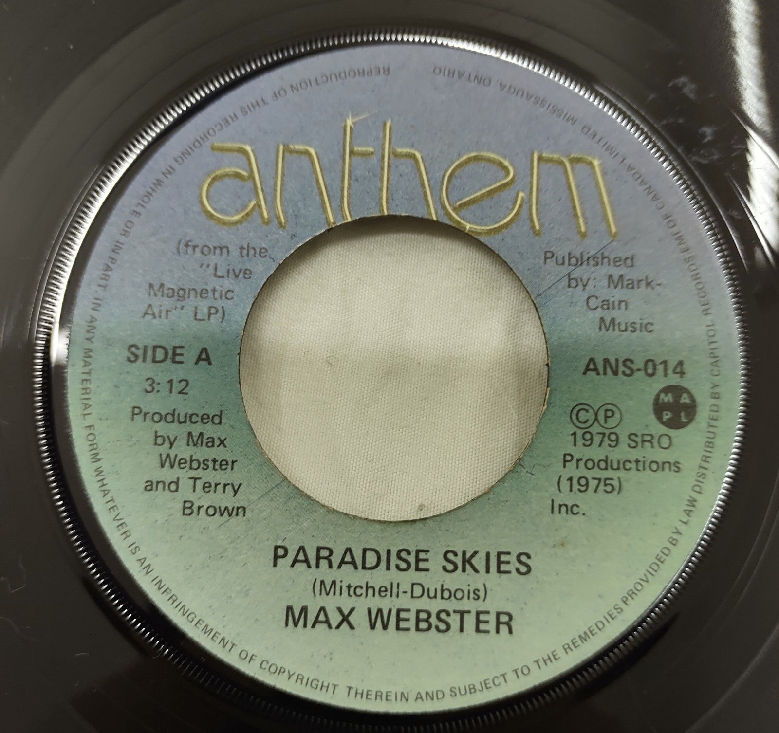 Max Webster - Paradise Skies 7" Vinyl Single 1979 Canada Anthem ANS-014