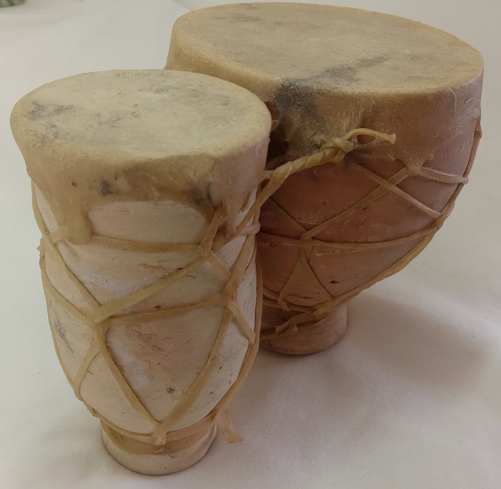 Moroccan Terracotta Bongo Hand Drums - Vintage Primitive Clay Drum Set