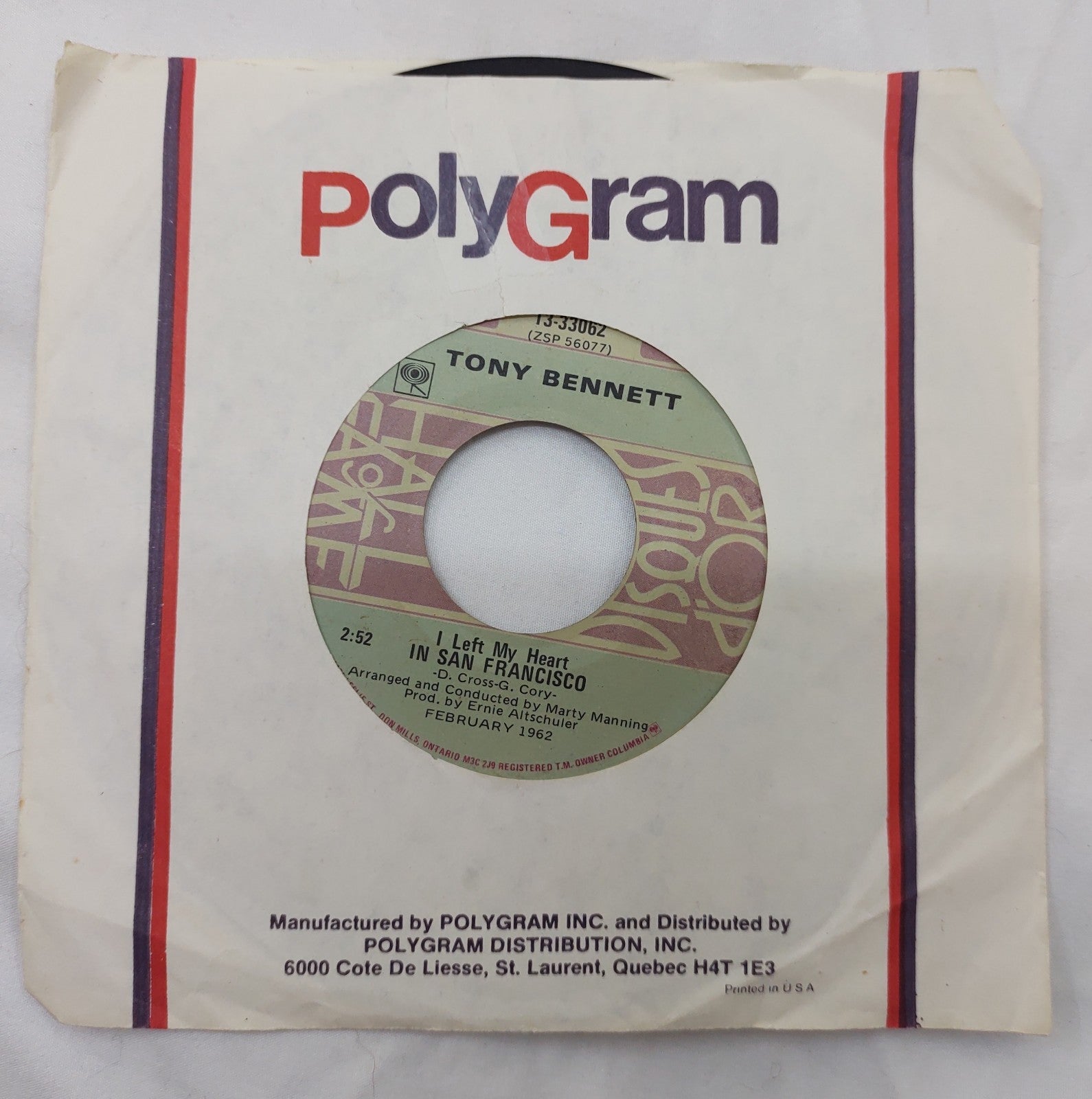 Tony Bennett: I Left My Heart in San Francisco 7" Single #13-33062 #ZSP56077