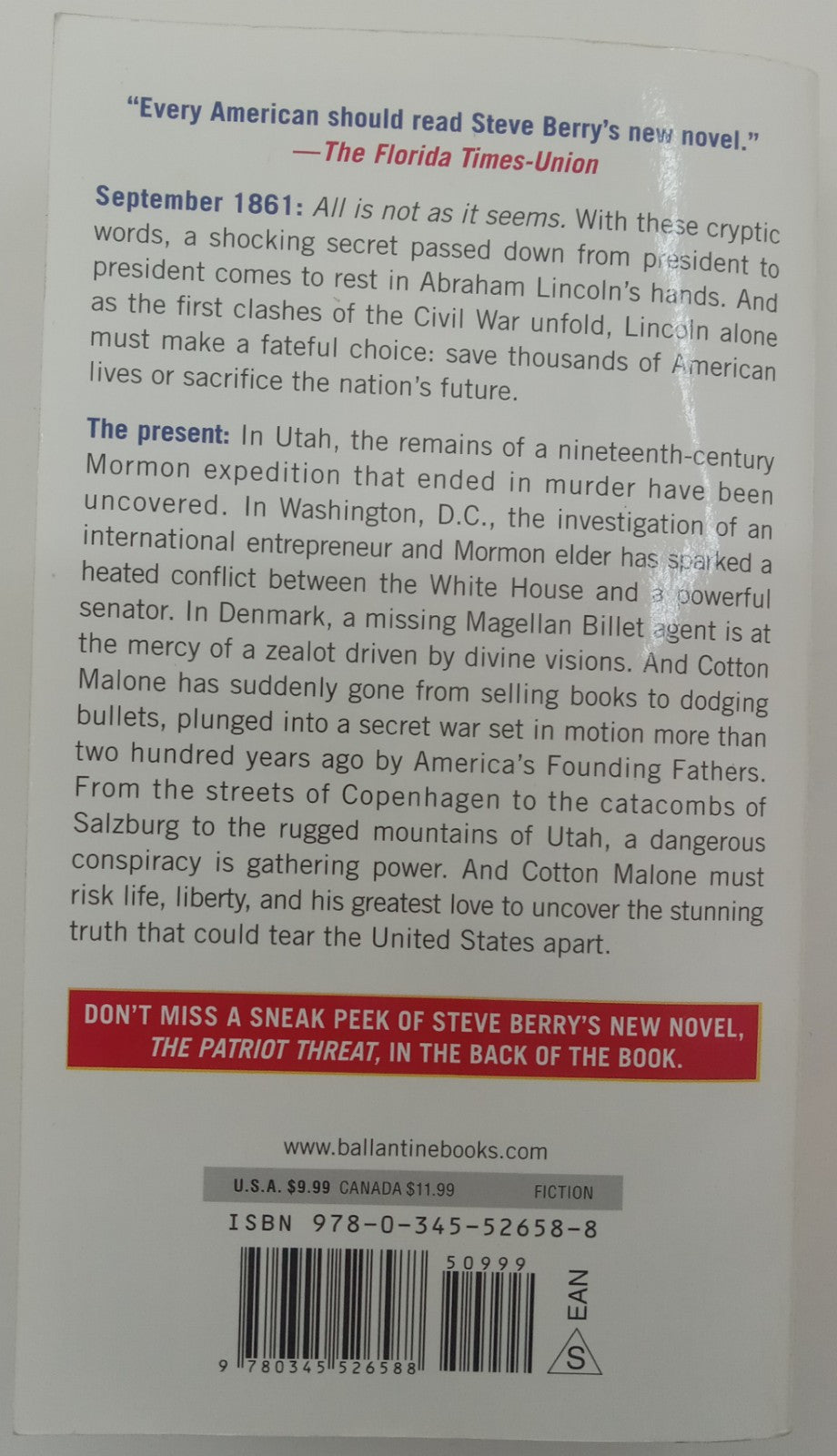 The Lincoln Myth by Steve Berry – VG+ Thriller Novel, Cotton Malone #9