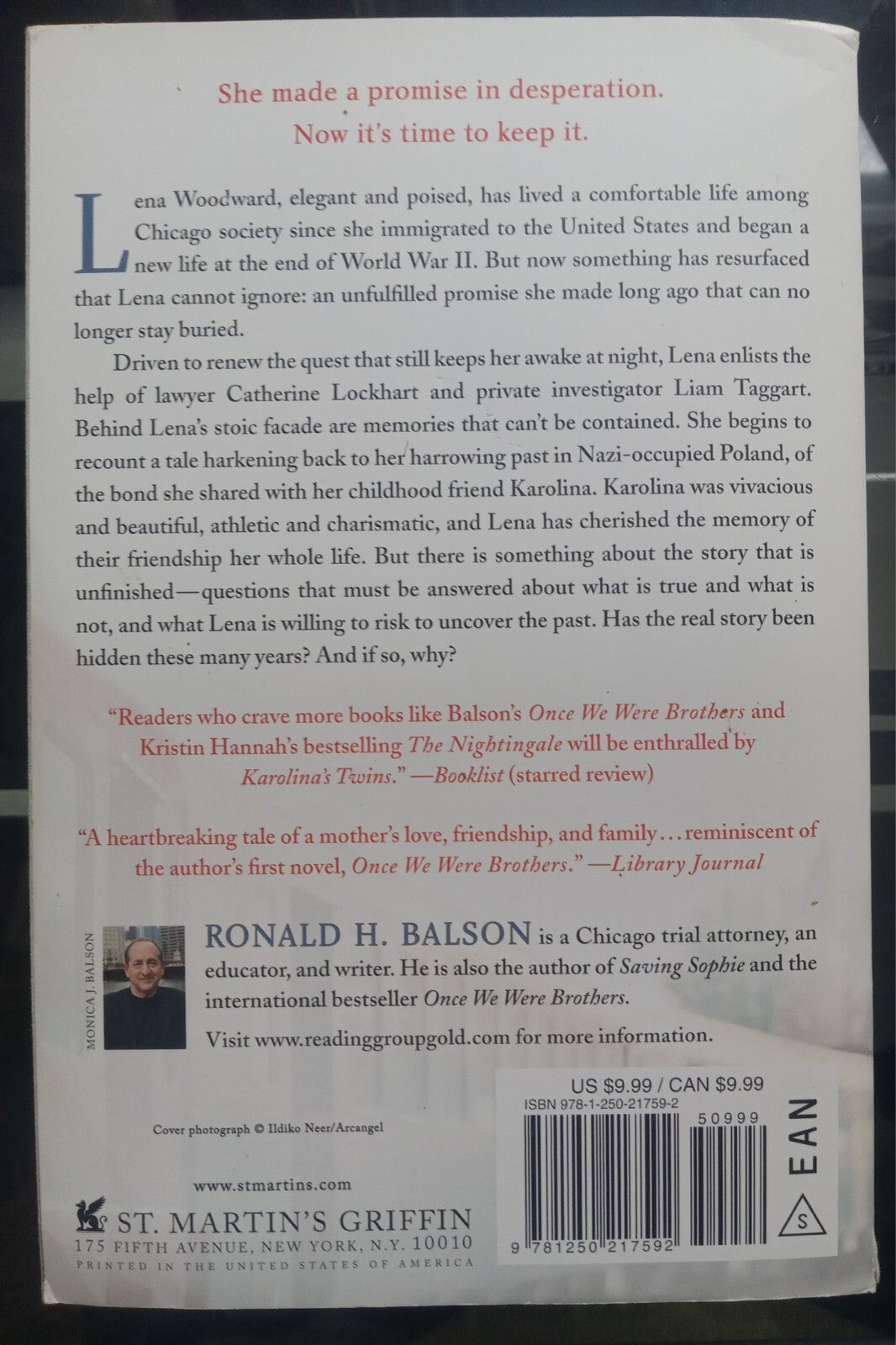 Karolina's Twins by Ronald H. Balson PB WWII Historical Fiction