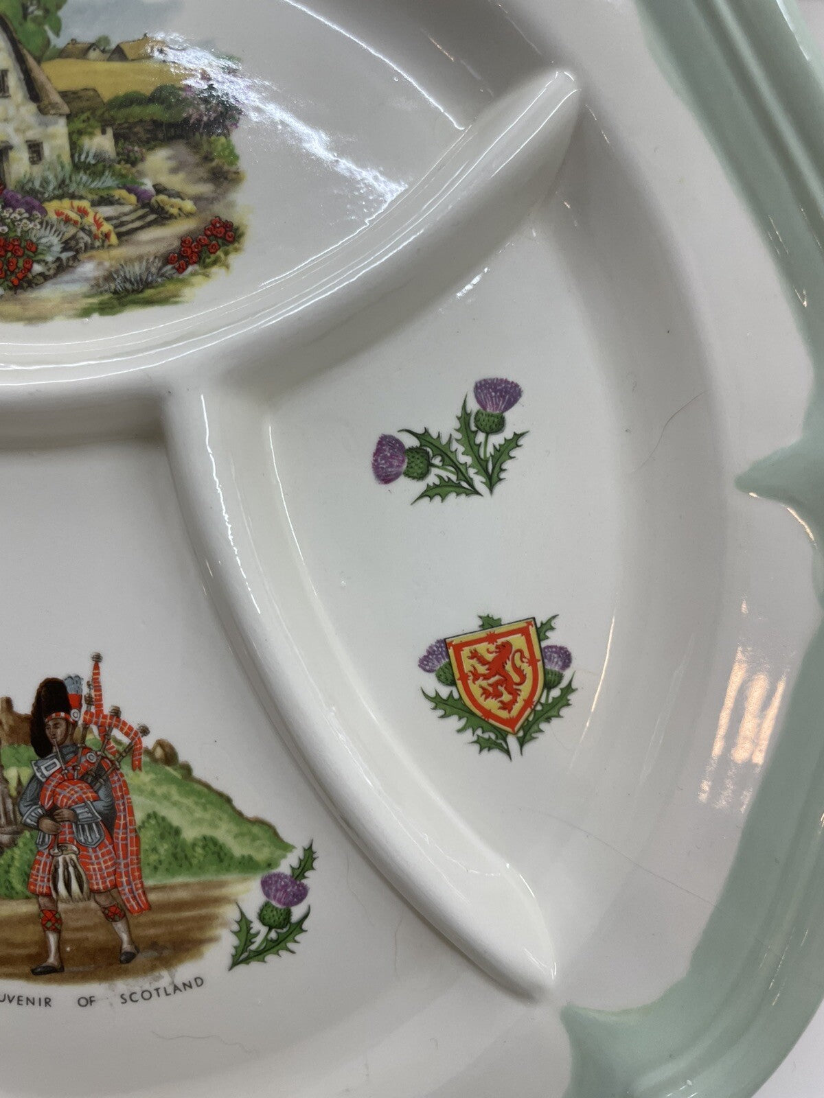 Vintage Ceramic Divided Plate Souvenir of Scotland Bagpiper Floral Art