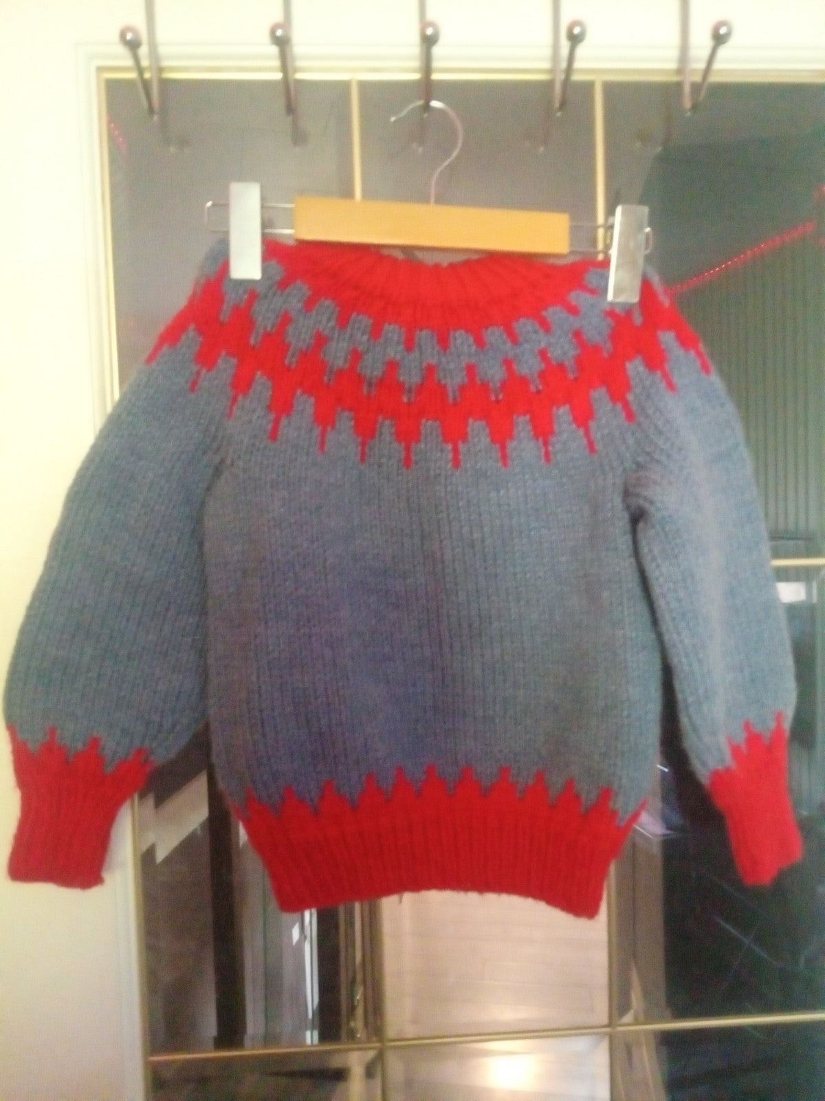 Vintage Hand-Knit Fair Isle Sweater Red Blue Kids Wool Long Sleeve Cozy