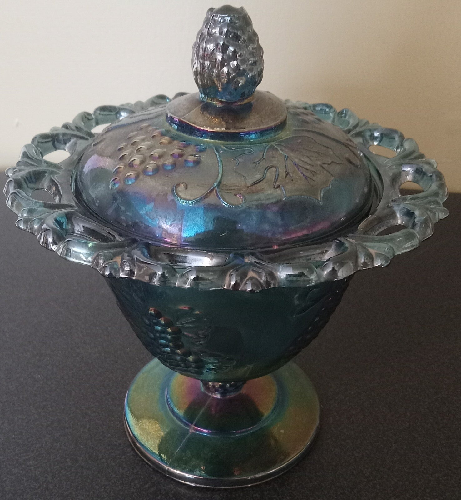 Iridescent Blue Carnival Glass Candy Dish w/ Lid – Indiana Grape Pattern