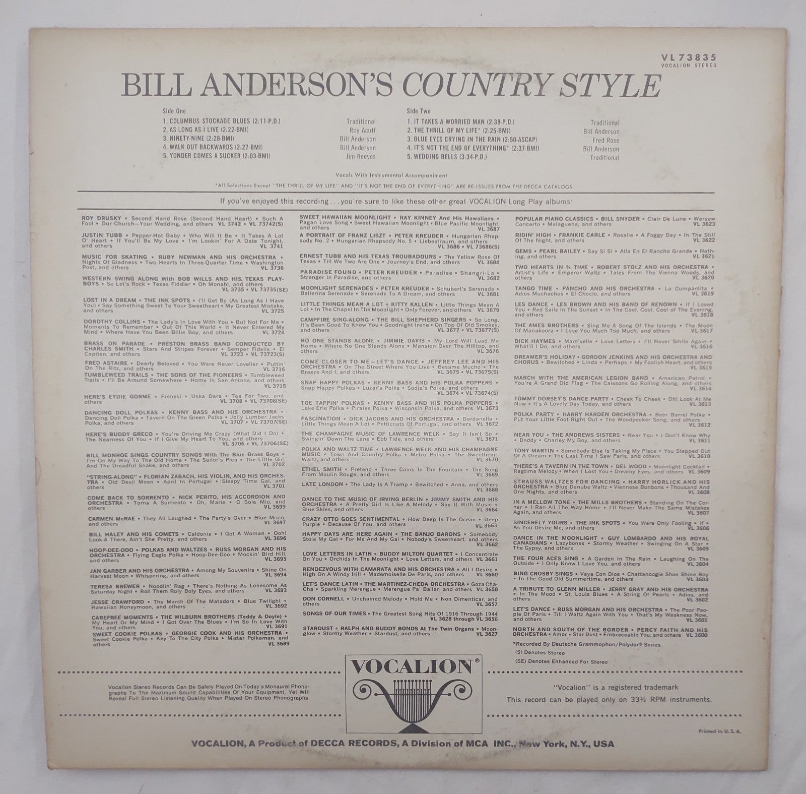 Bill Anderson – Country Style Vocalion Stereo LP VL-7-3835 Country