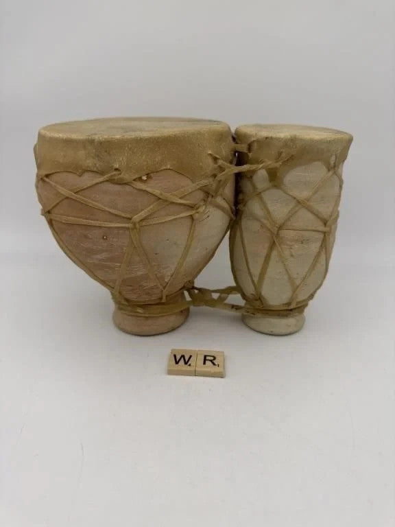 Moroccan Terracotta Bongo Hand Drums - Vintage Primitive Clay Drum Set