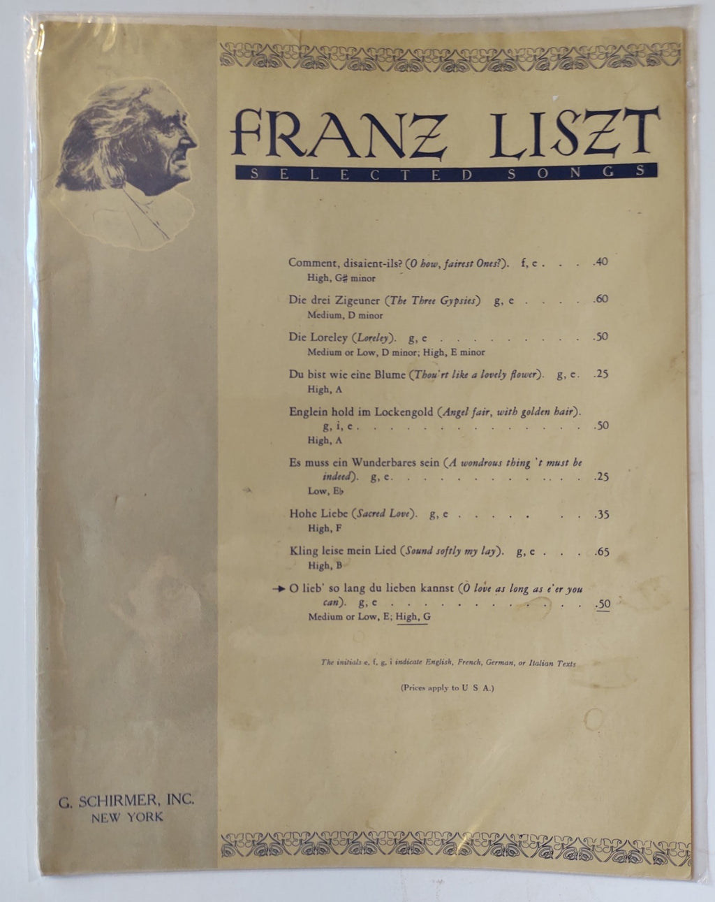 Franz Liszt Selected Songs G Schirmer New York Classical Vocal Sheet