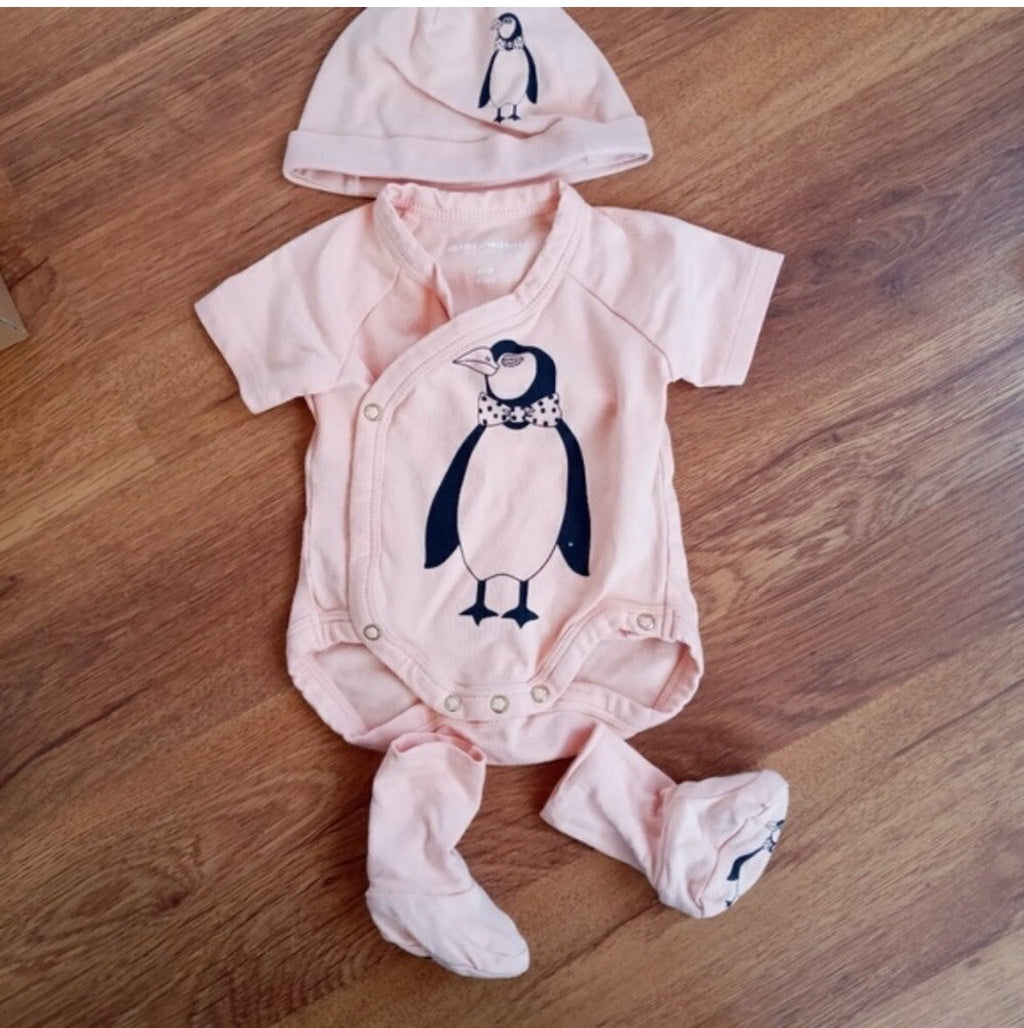 Mini Rodini Baby Girl Sleepwear Set Pink Penguin Print Organic Cotton 0–3 Months