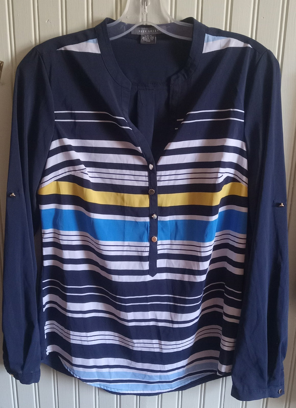 Suzy Shier Half Button Blue Striped Long Sleeve Sweater Women’s Size S