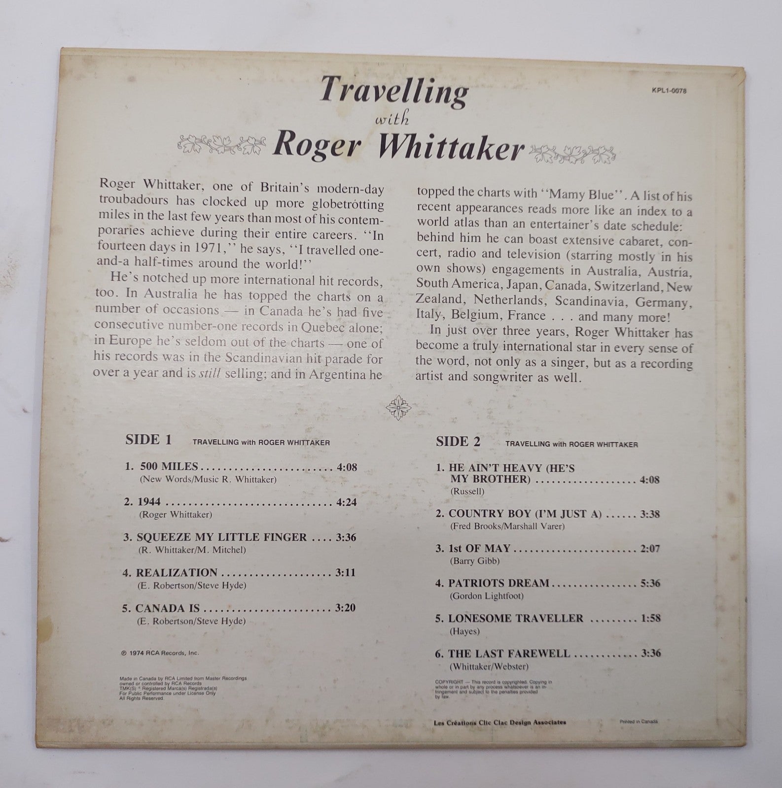 Roger Whittaker – Travelling With Roger Whittaker (1974) RCA Vinyl LP