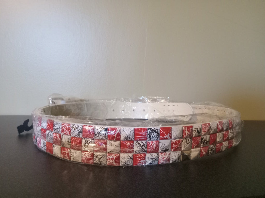 White Faux Leather Studded Belt Red Accents Alt Style Fashion Belt Adjustable