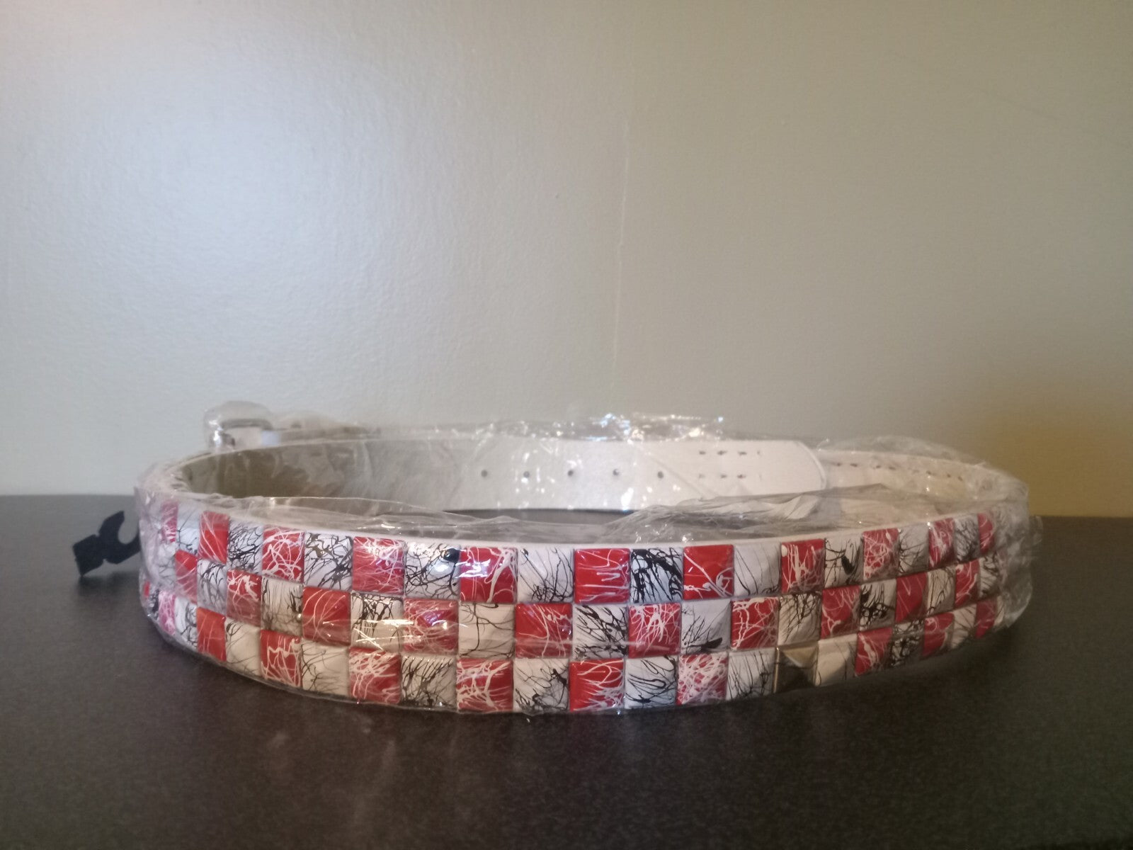 White Faux Leather Studded Belt Red Accents Alt Style Fashion Belt Adjustable