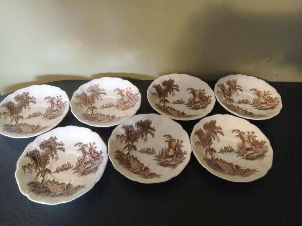 1950s Johnson Bros "The Old Mill" Teacup Saucers – Set of 7