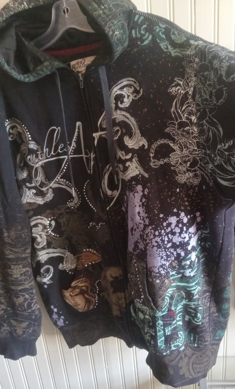 Rawblue Astral Rhinestone Zip Hoodie Black Streetwear Urban Sweater Size XL