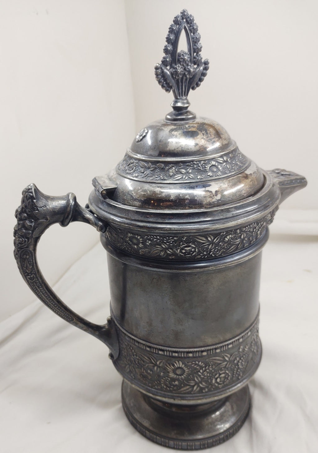 Victorian Repoussé Silverplate Ice Water Pitcher Hinged Lid Ornate Heavy